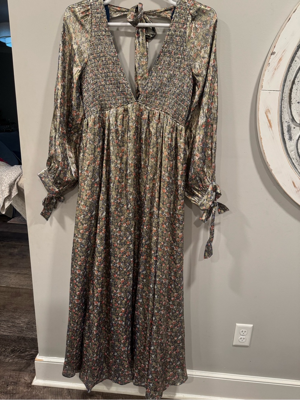 Free People Luxalina Metallic Floral Silk Maxi Dress Large Open Back Stunning - Picture 3 of 17